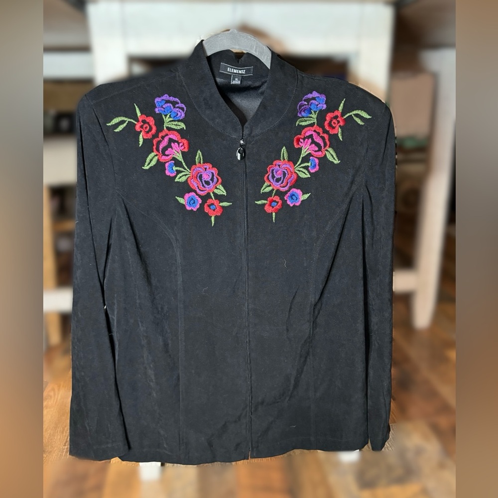 Elementz Floral Embroidered Zip Jacket w/ Padded Shoulders XL